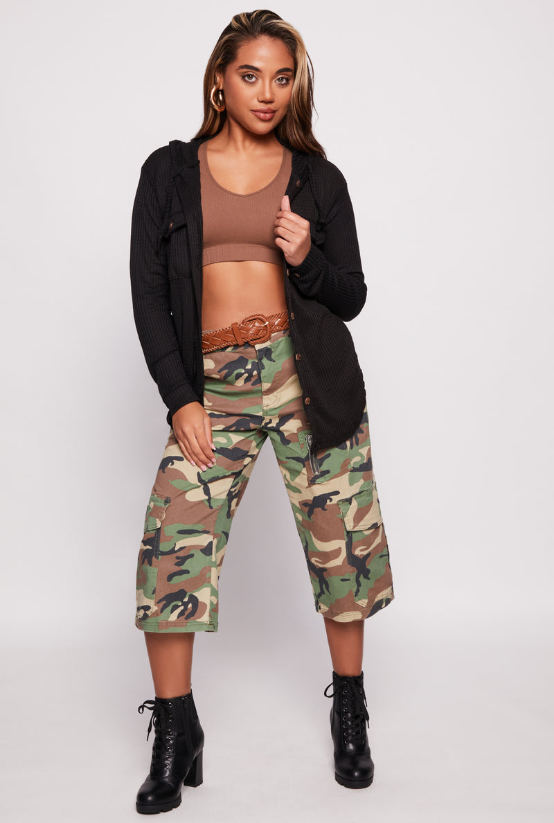 Hooded Waffle Knit Button Front Shirt