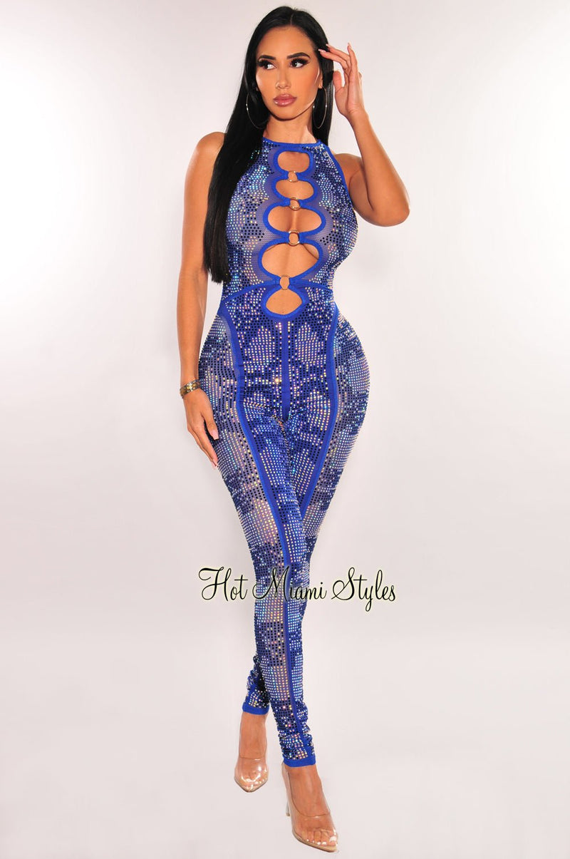 Royal Blue Rhinestone Mesh O-Ring Cut Out Sleeveless Jumpsuit