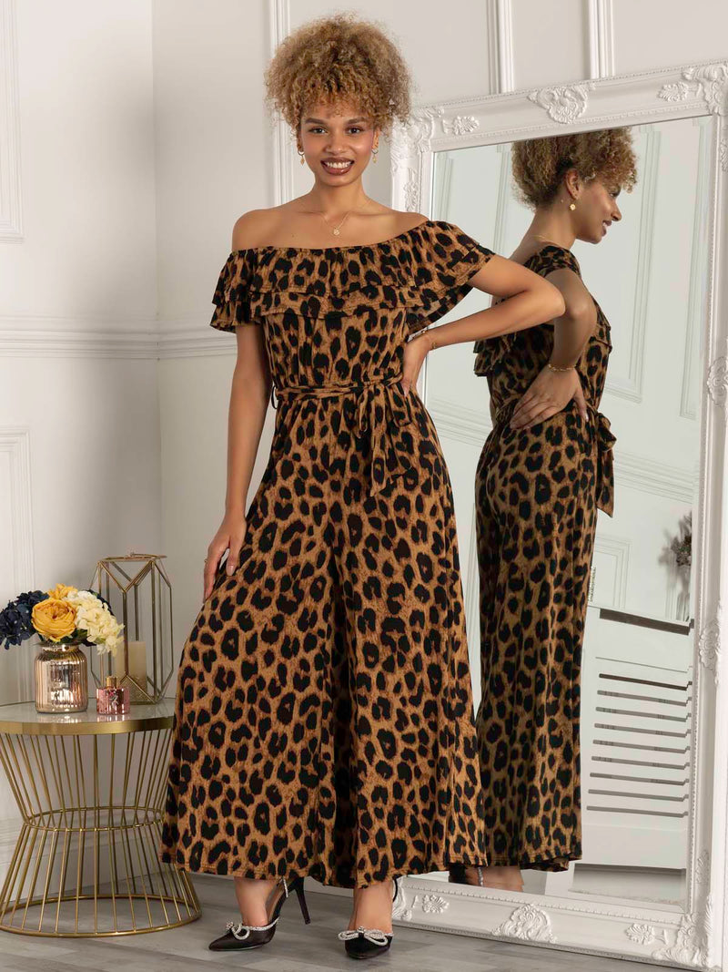 Animal Print Ruffle Jumpsuit, Brown Animal