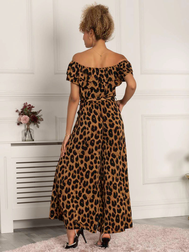 Animal Print Ruffle Jumpsuit, Brown Animal