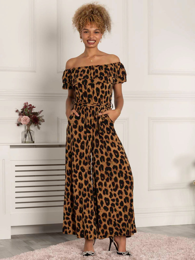 Animal Print Ruffle Jumpsuit, Brown Animal