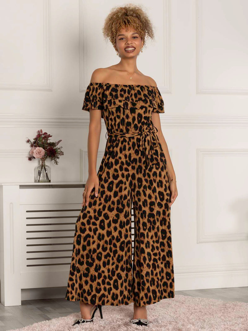 Animal Print Ruffle Jumpsuit, Brown Animal