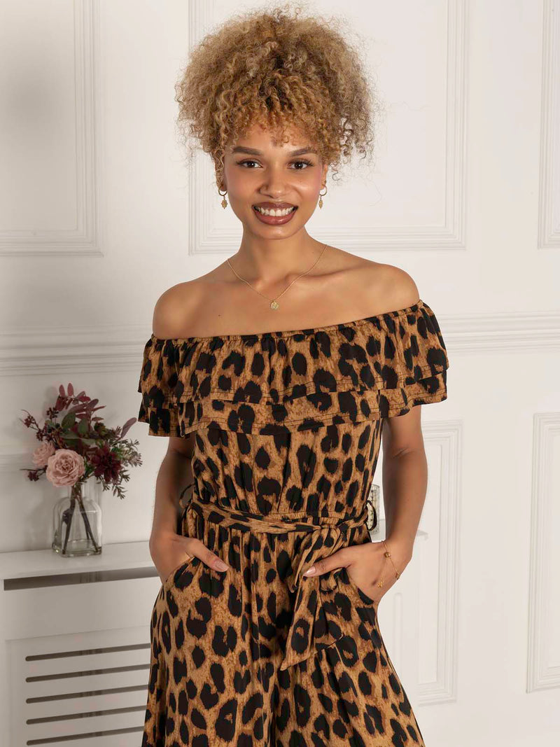 Animal Print Ruffle Jumpsuit, Brown Animal