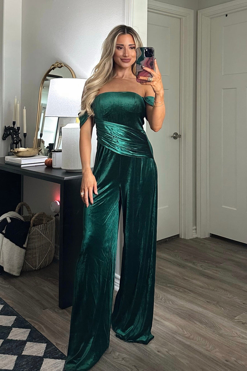 Tara Off Shoulder Velvet Jumpsuit: Emerald