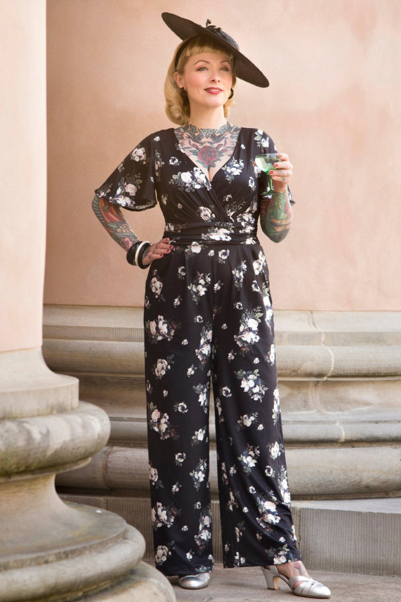 Esther Black Rose Butterfly Sleeved Jumpsuit