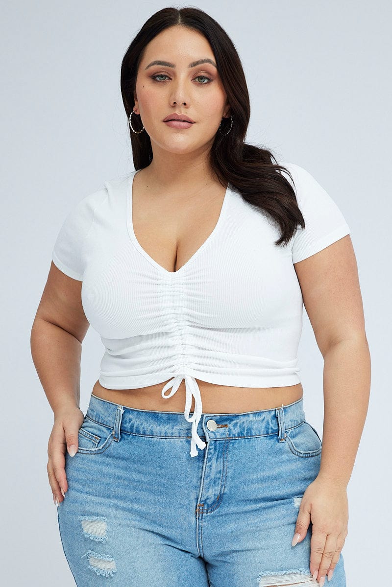 White Ruched Top Short Sleeve V-neck Seamless