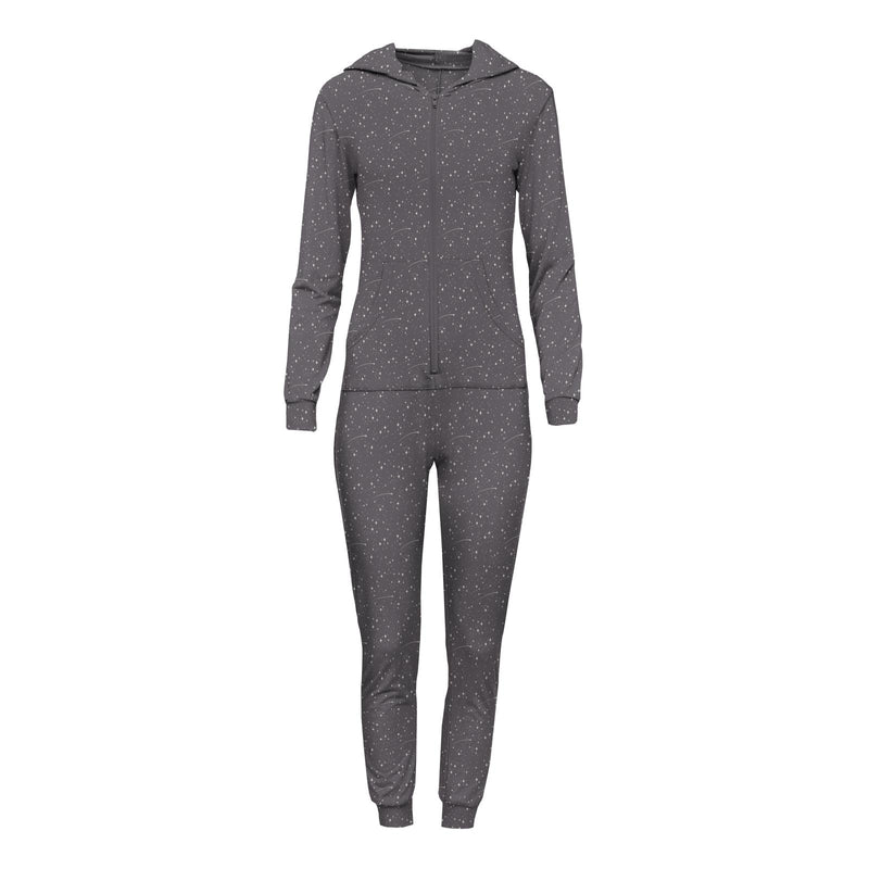 Women's Print Long Sleeve Jumpsuit with Hood in Rain Shooting Stars