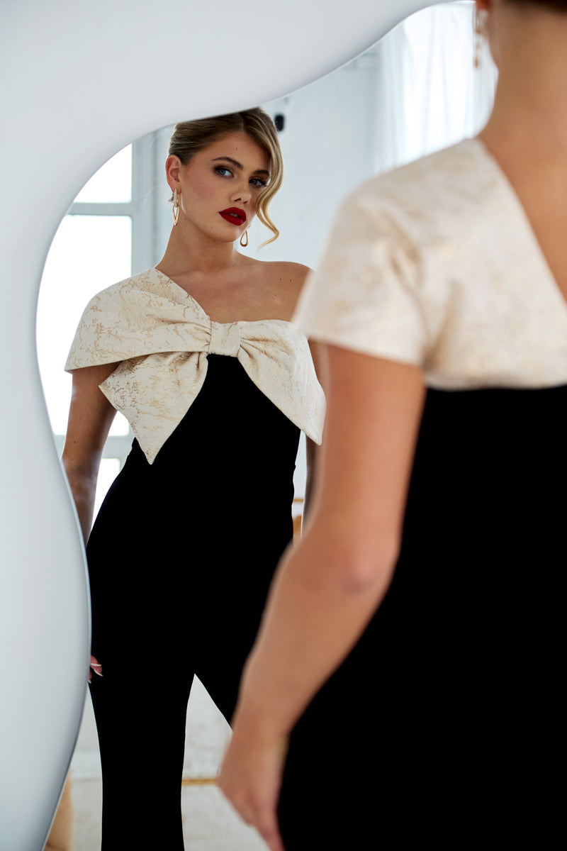 BAROQUE VELVET BOW JUMPSUIT - BLACK GOLD