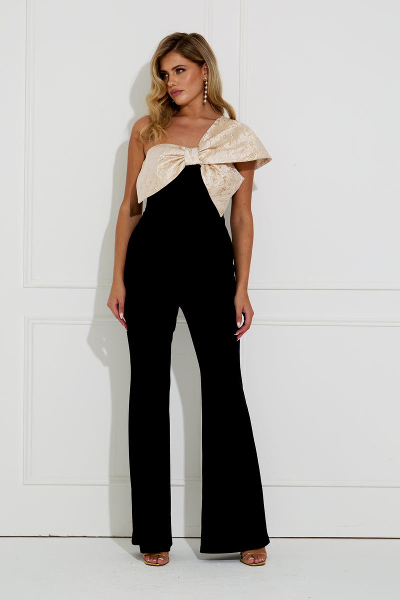BAROQUE VELVET BOW JUMPSUIT - BLACK GOLD