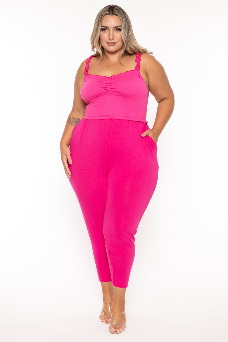 Plus Size Chelly Smocked  Jumpsuit - Fuchsia