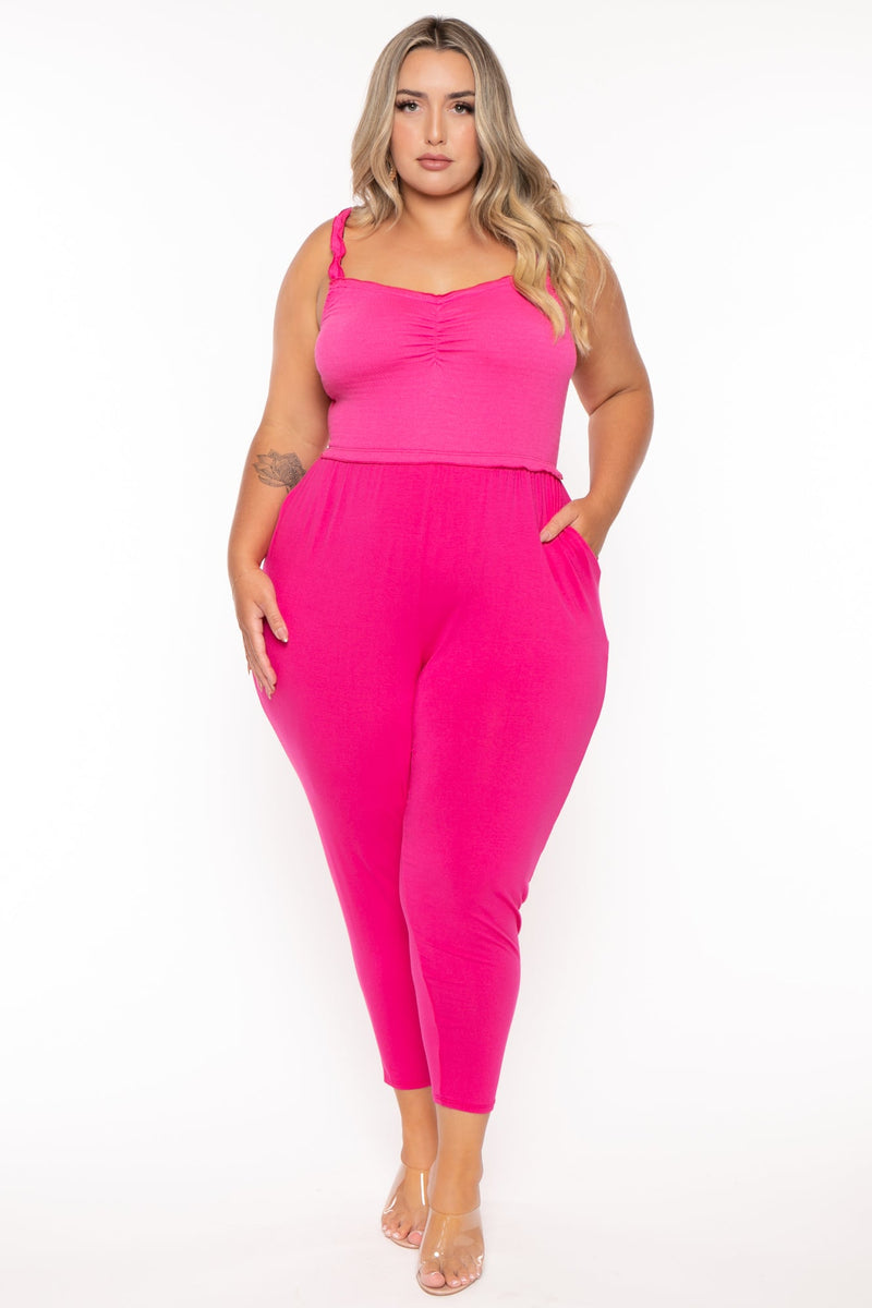 Plus Size Chelly Smocked  Jumpsuit - Fuchsia
