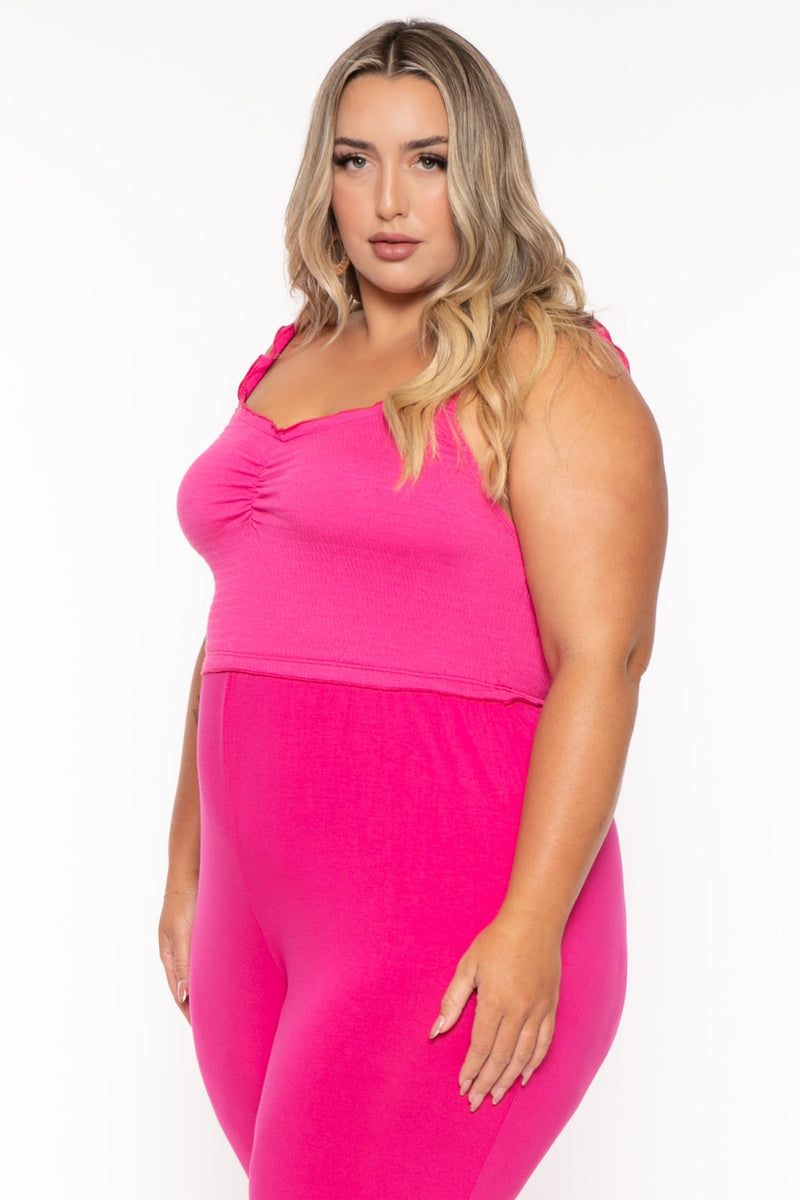 Plus Size Chelly Smocked  Jumpsuit - Fuchsia