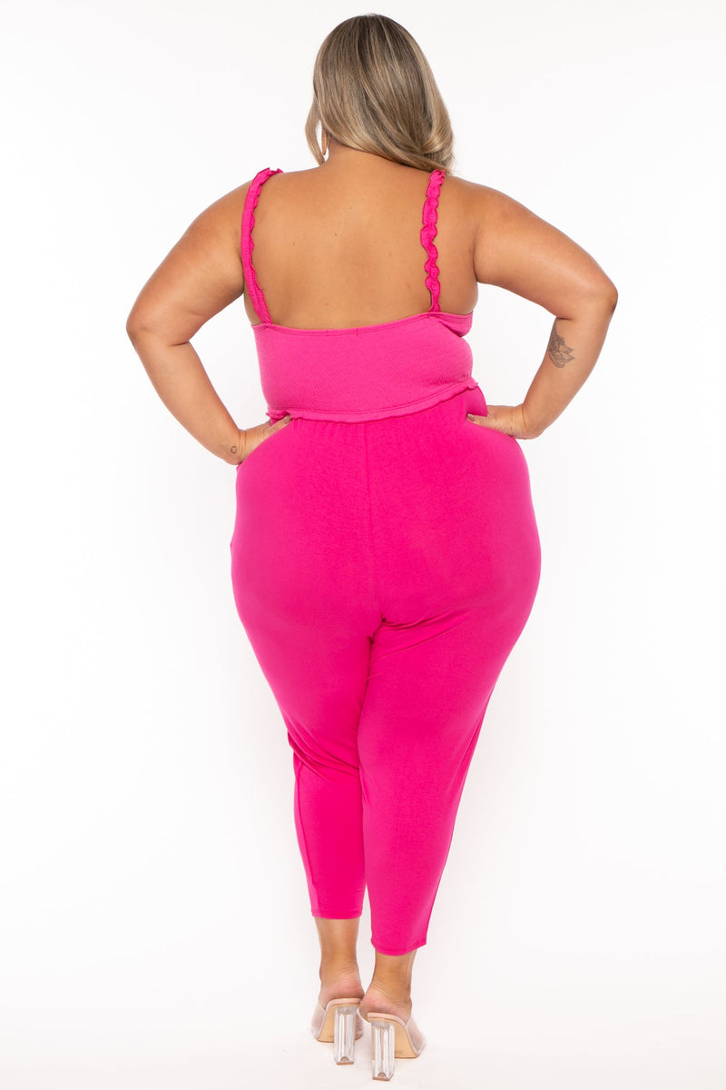 Plus Size Chelly Smocked  Jumpsuit - Fuchsia