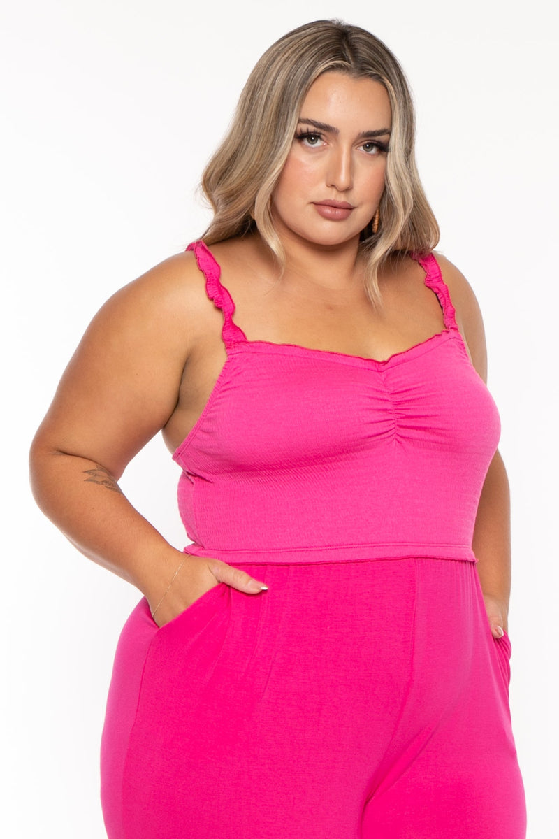 Plus Size Chelly Smocked  Jumpsuit - Fuchsia
