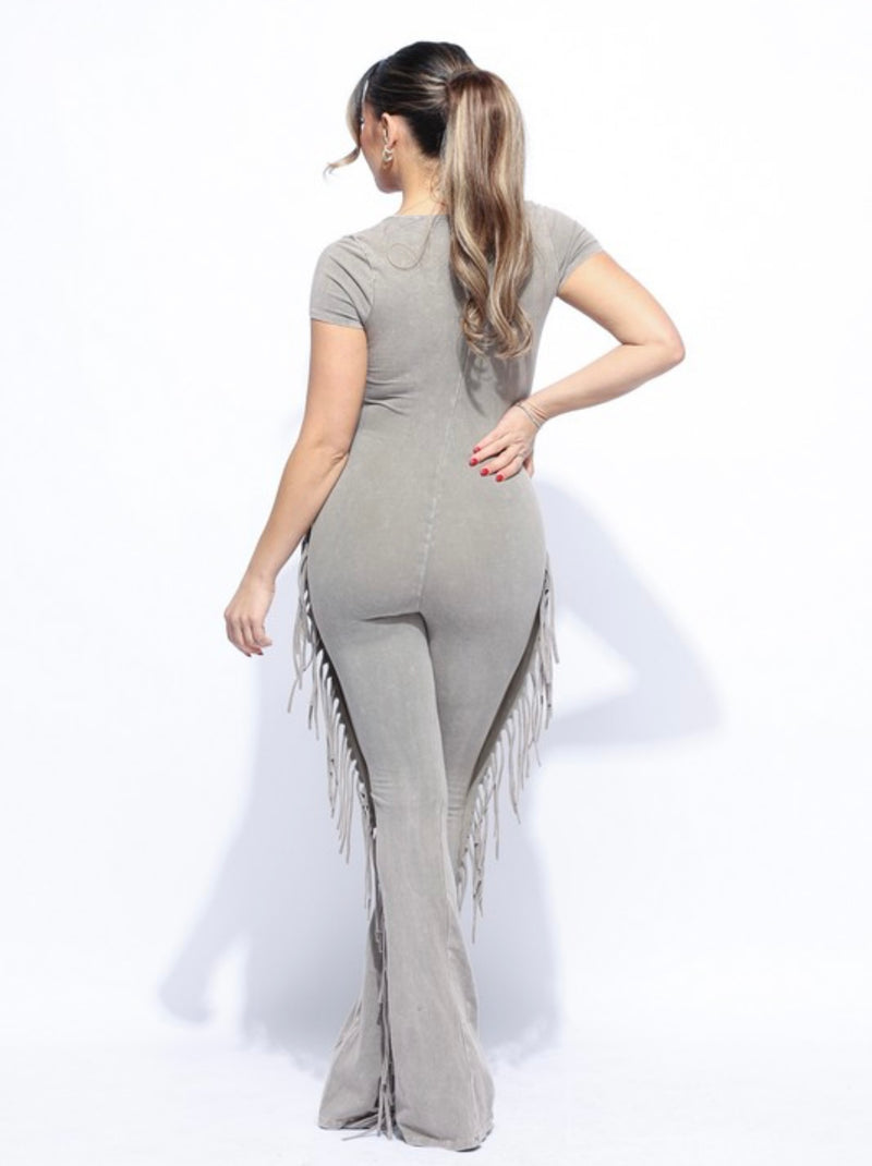 Mineral washed fringed jumpsuit