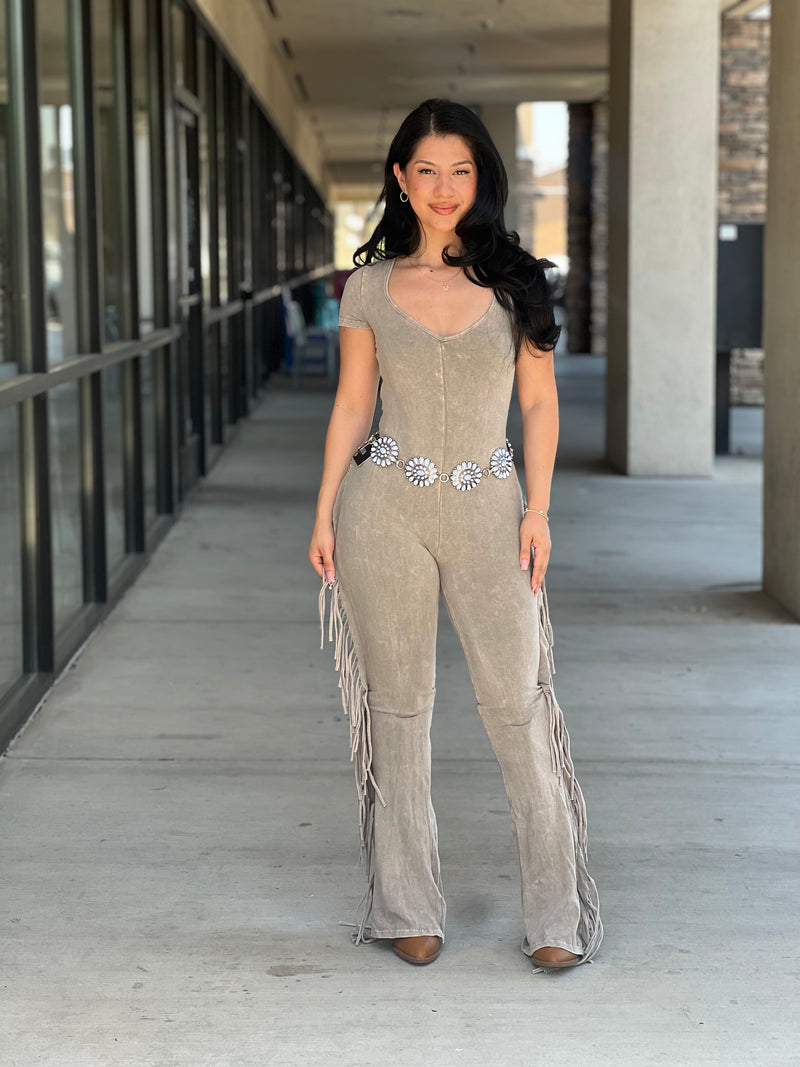 Mineral washed fringed jumpsuit