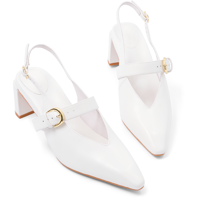 Eyas White Leather Low Heels