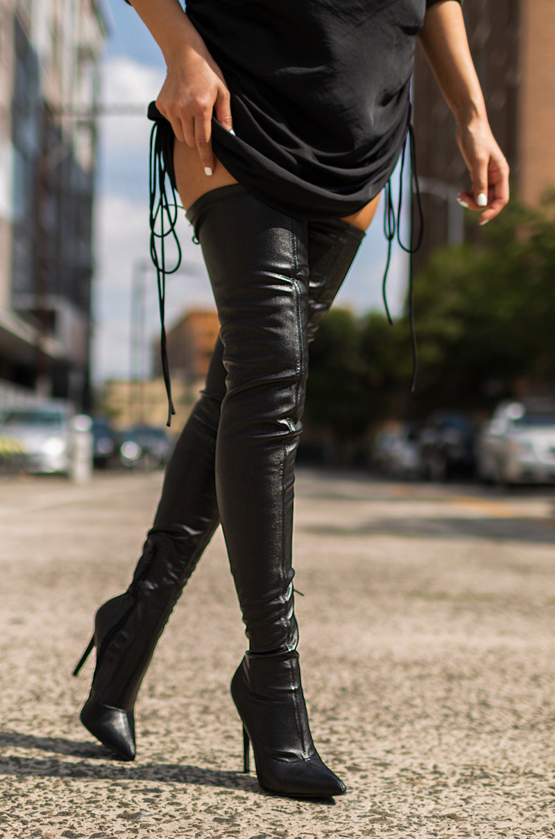 Groundbreaking Over The Knee High Heel Boots - Black PU