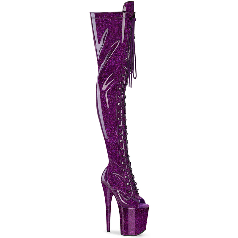 Pleaser Flamingo 3021GP Womens 8 Inch Heel, Platform Front Lace Thigh-High Peep-Toe Pole Dance Boots