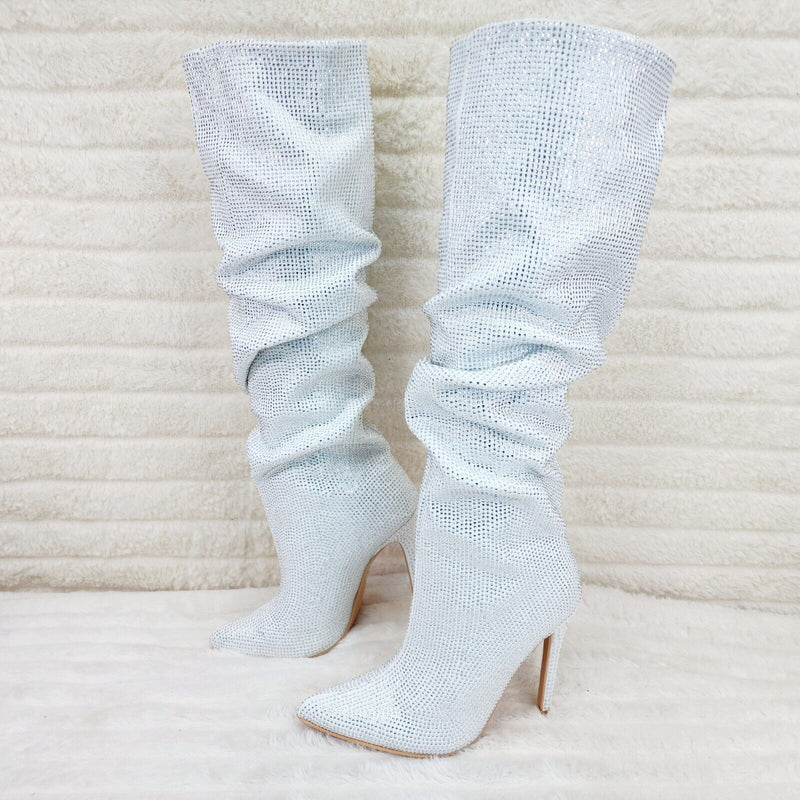 Radiant White Rhinestone High Heel Stiletto Slouch Knee High Boots