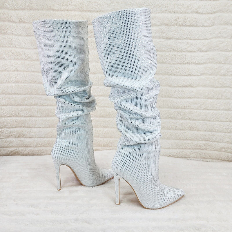 Radiant White Rhinestone High Heel Stiletto Slouch Knee High Boots