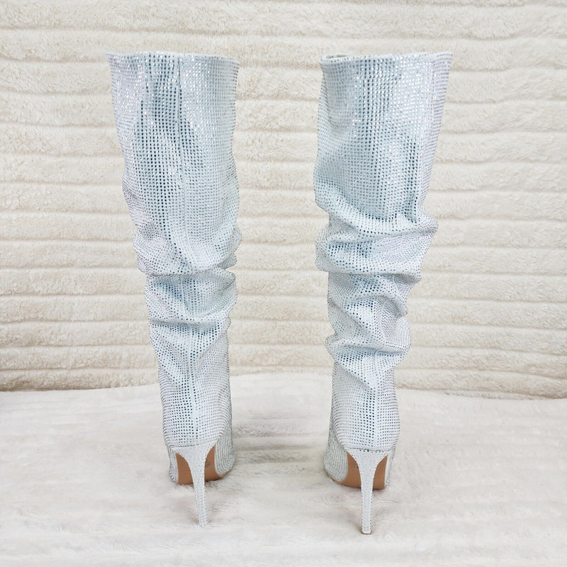 Radiant White Rhinestone High Heel Stiletto Slouch Knee High Boots