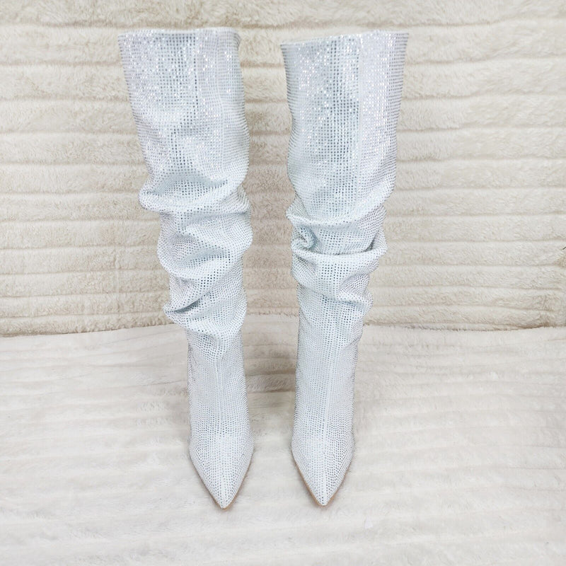 Radiant White Rhinestone High Heel Stiletto Slouch Knee High Boots