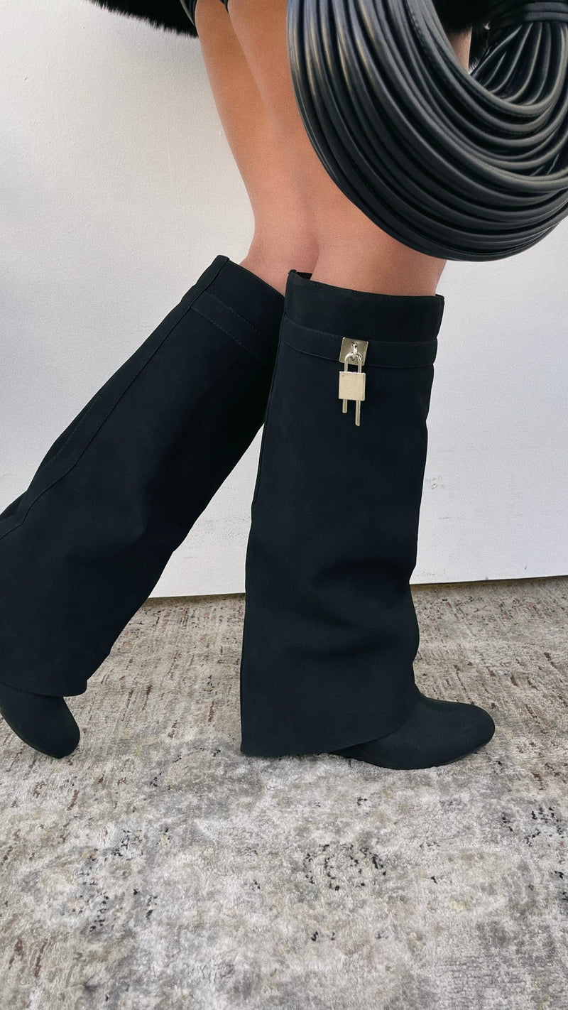 Kai Wedge Heel Knee High Shark Boots - Black