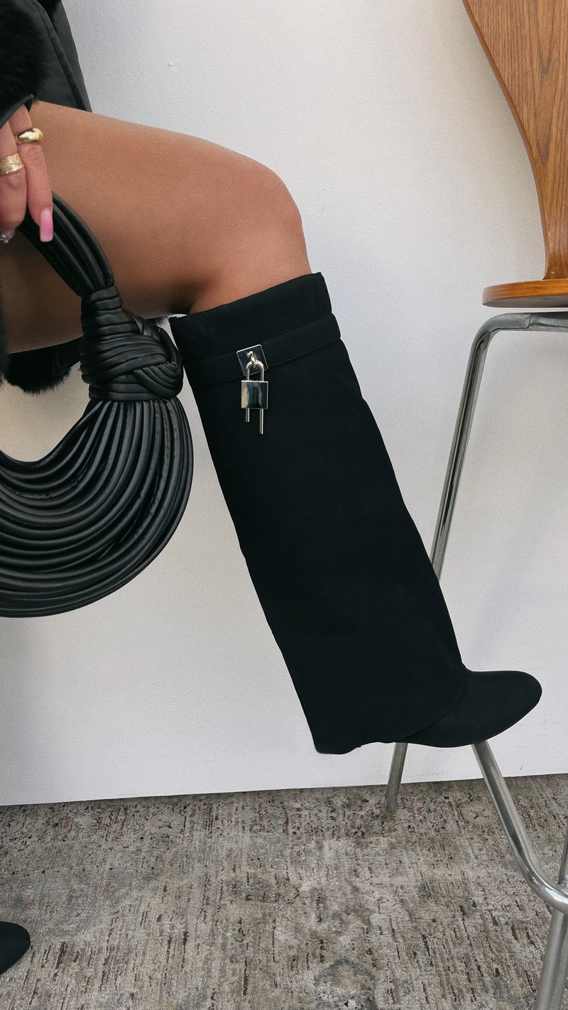 Kai Wedge Heel Knee High Shark Boots - Black