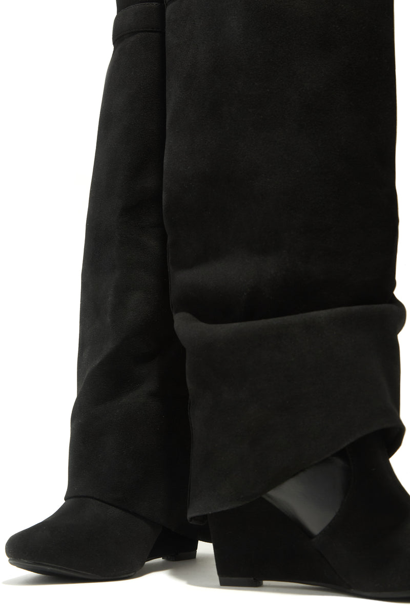 Kai Wedge Heel Knee High Shark Boots - Black