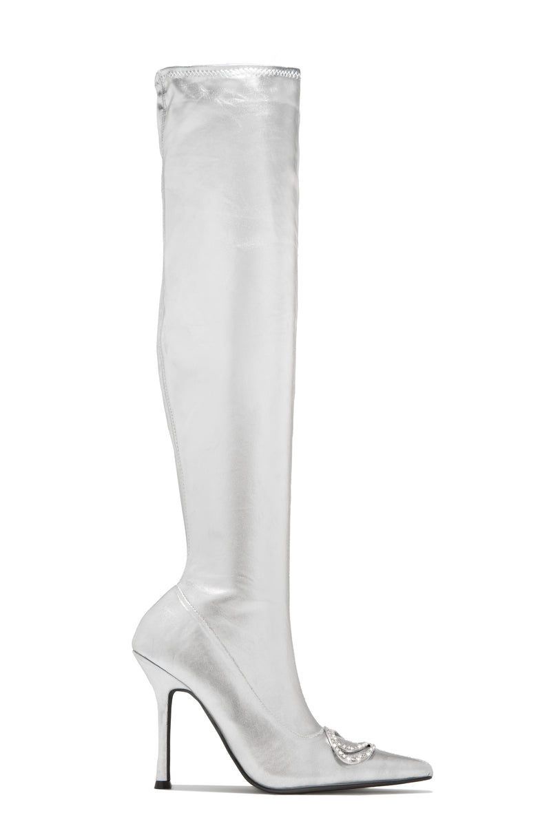 Night Is Young Over The Knee High Heel Boots - Silver