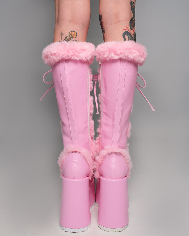 Demonia Pastel Pink Furry Winter Faux Fur Boots