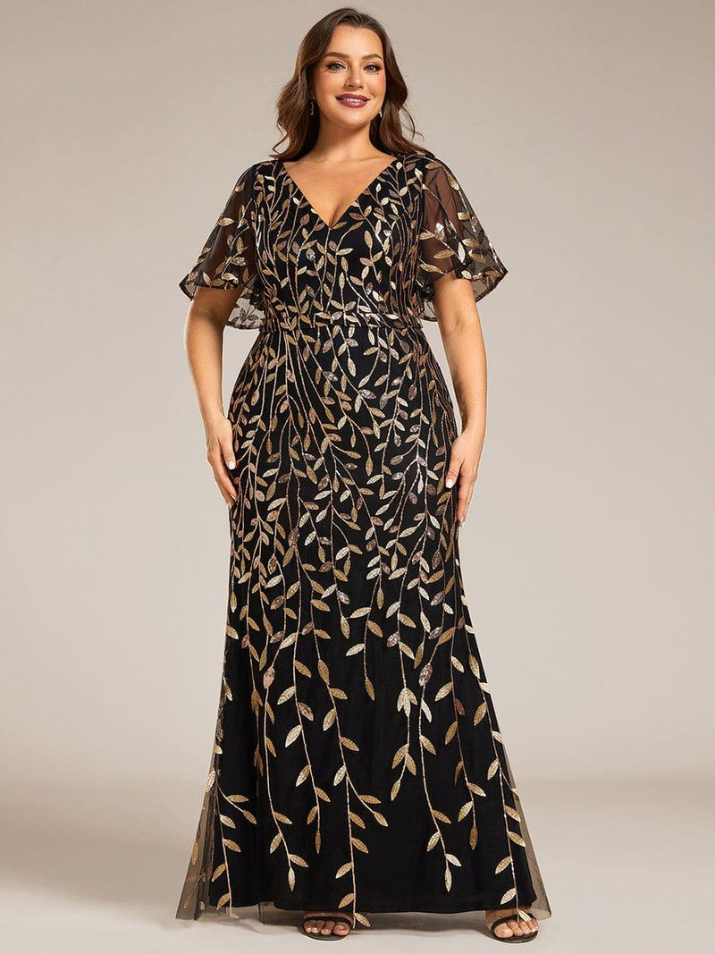 pretty DIONE|Fashion Plus Size V Neck Mermaid Sequin & Tulle Evening Dress