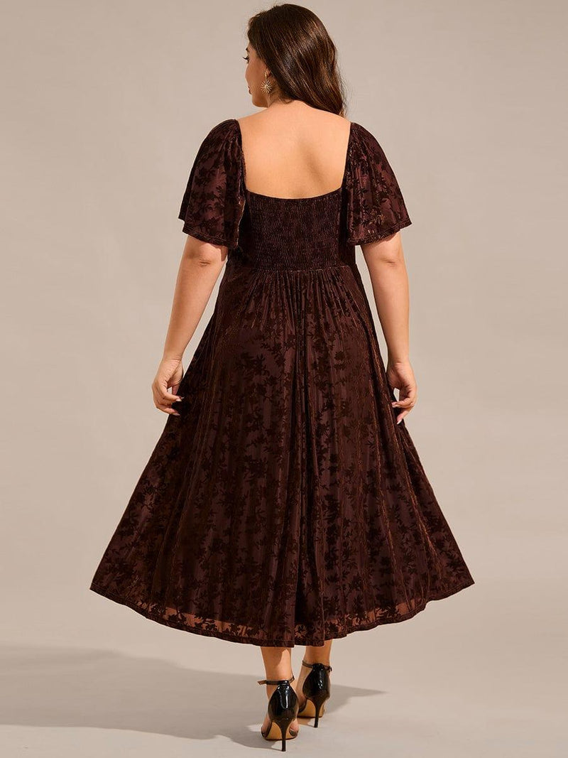pretty BLOOM|Plus Size Printed Velvet A-Line Short Sleeve Tea Length Wedding Guest Dress