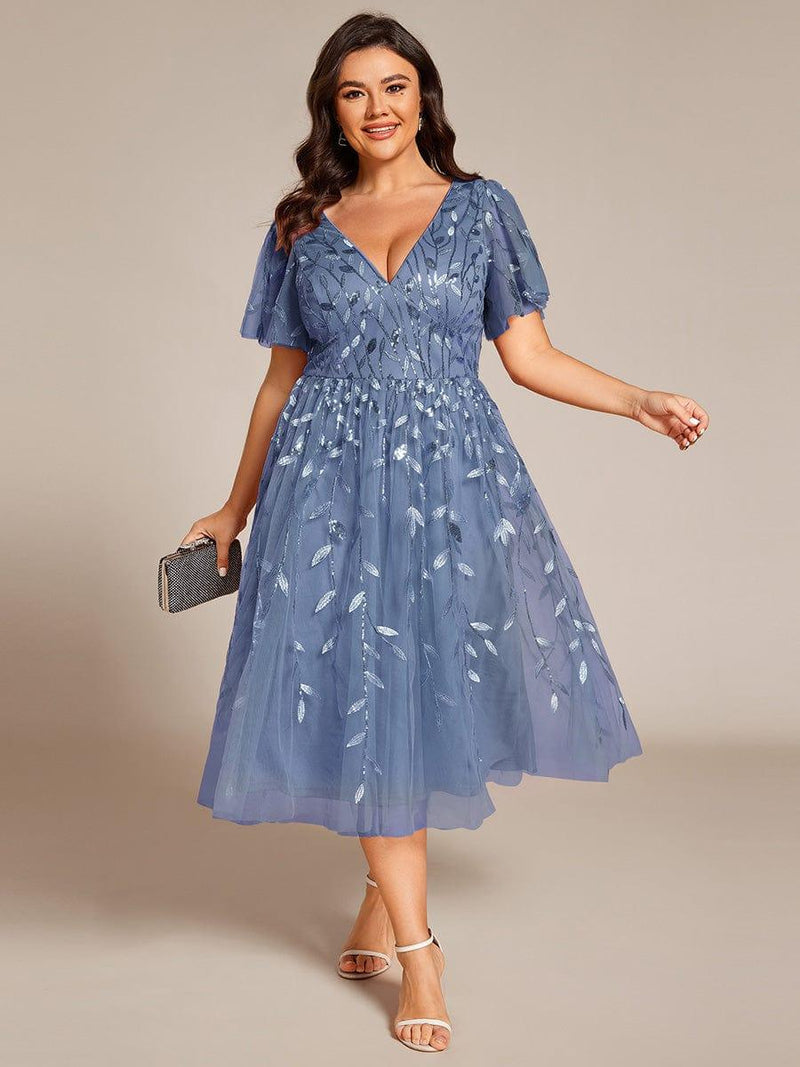 pretty SIMONE|Plus Size Leaf Sequin Short Sleeve Tulle Midi Wedding Guest Dress