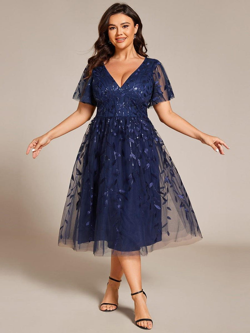 pretty SIMONE|Plus Size Leaf Sequin Short Sleeve Tulle Midi Wedding Guest Dress