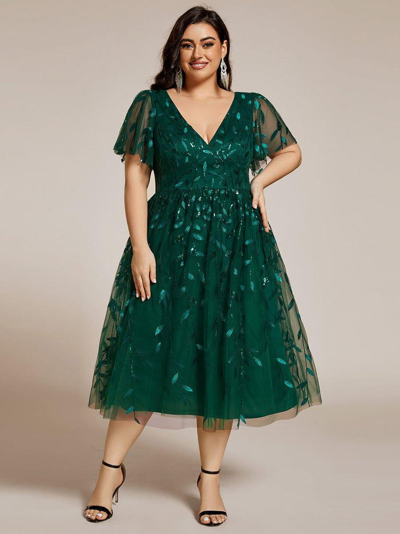 pretty SIMONE|Plus Size Leaf Sequin Short Sleeve Tulle Midi Wedding Guest Dress