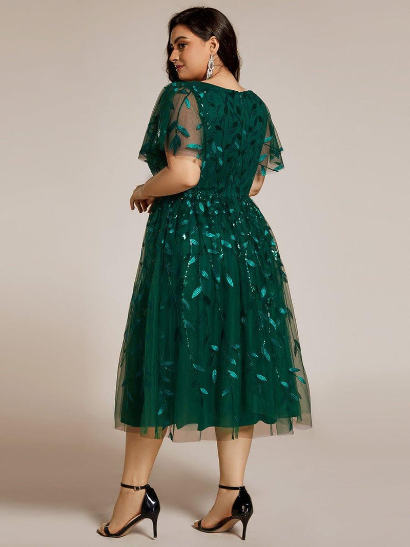 pretty SIMONE|Plus Size Leaf Sequin Short Sleeve Tulle Midi Wedding Guest Dress
