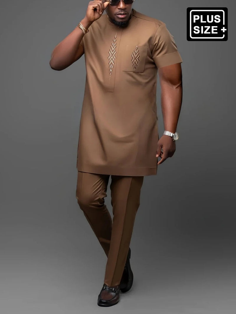 Plus Size Embroidered Short Sleeve Men's Set