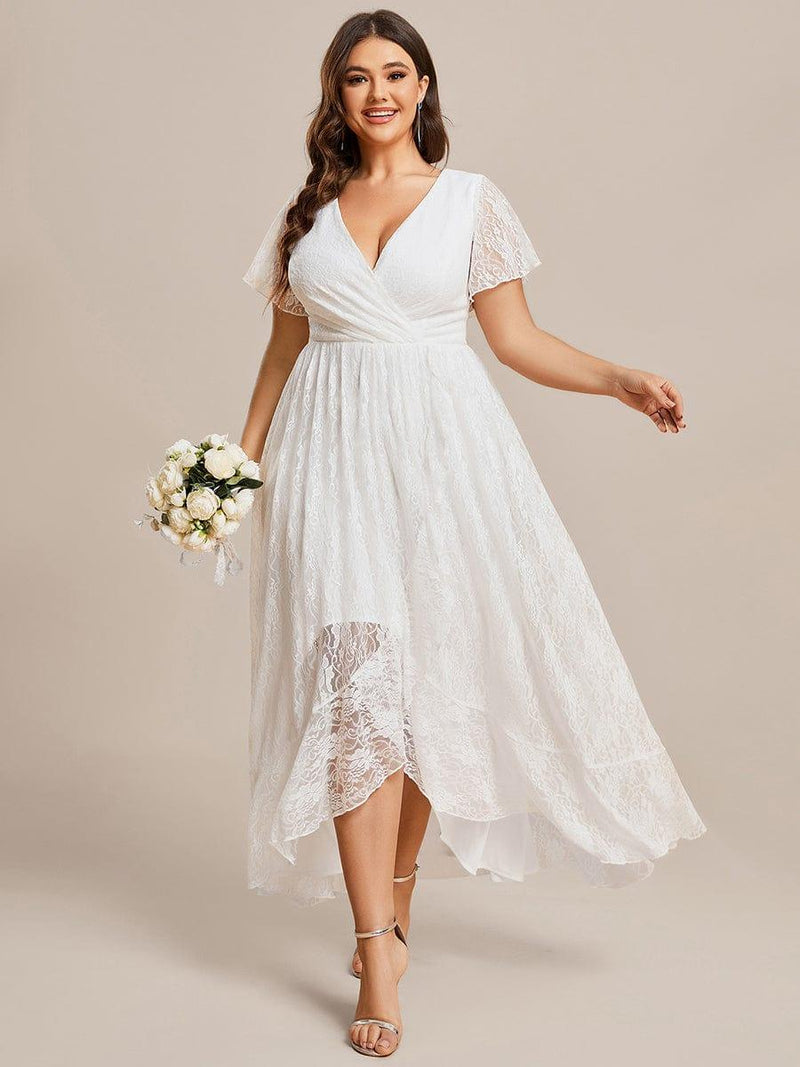 pretty ELISE|Plus Size V-Neck Short Sleeve Pleated Ruffled Lace Evening Dress