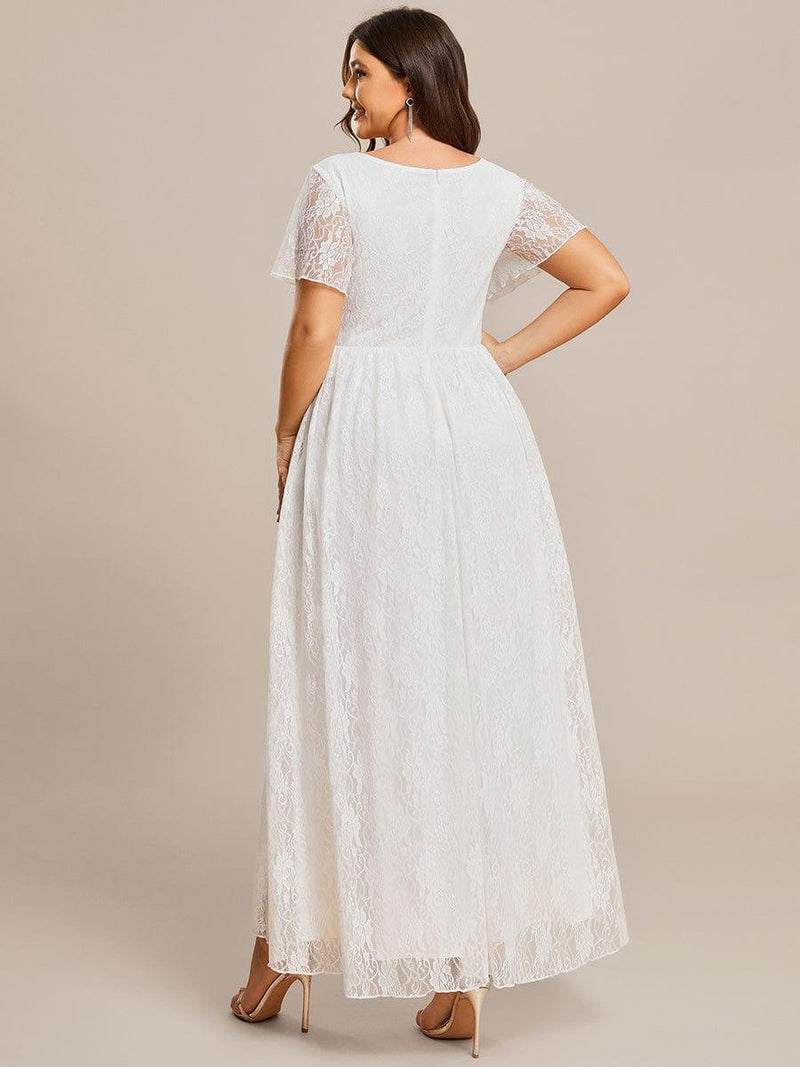 pretty ELISE|Plus Size V-Neck Short Sleeve Pleated Ruffled Lace Evening Dress