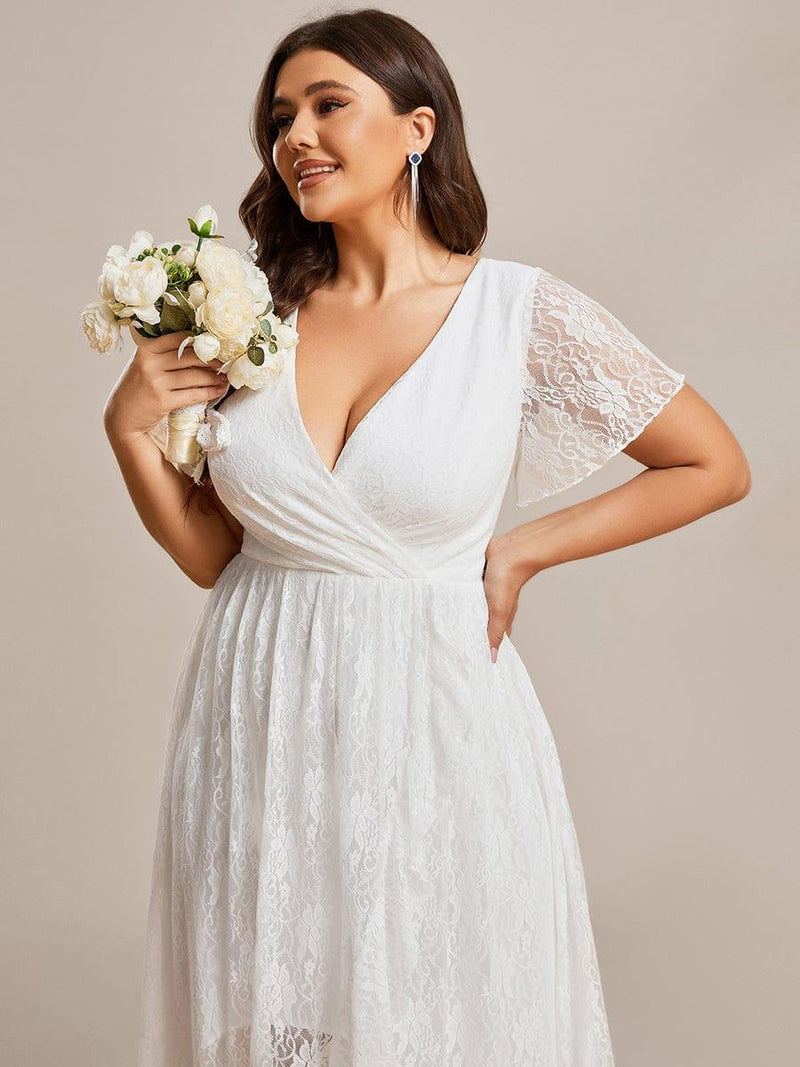 pretty ELISE|Plus Size V-Neck Short Sleeve Pleated Ruffled Lace Evening Dress