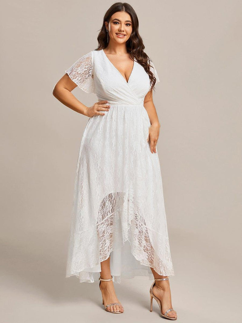 pretty ELISE|Plus Size V-Neck Short Sleeve Pleated Ruffled Lace Evening Dress