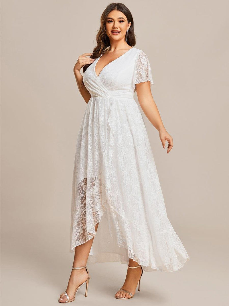 pretty ELISE|Plus Size V-Neck Short Sleeve Pleated Ruffled Lace Evening Dress