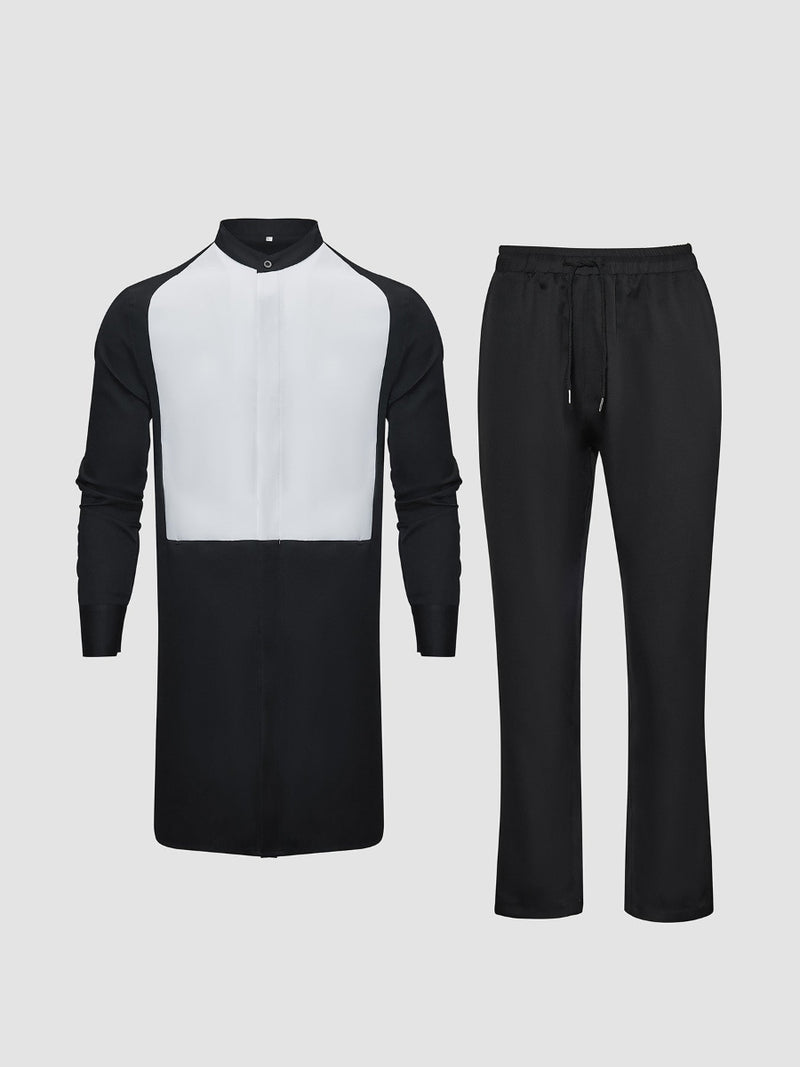 Plus Size African Black Colorblock Long Sleeve Men's Set