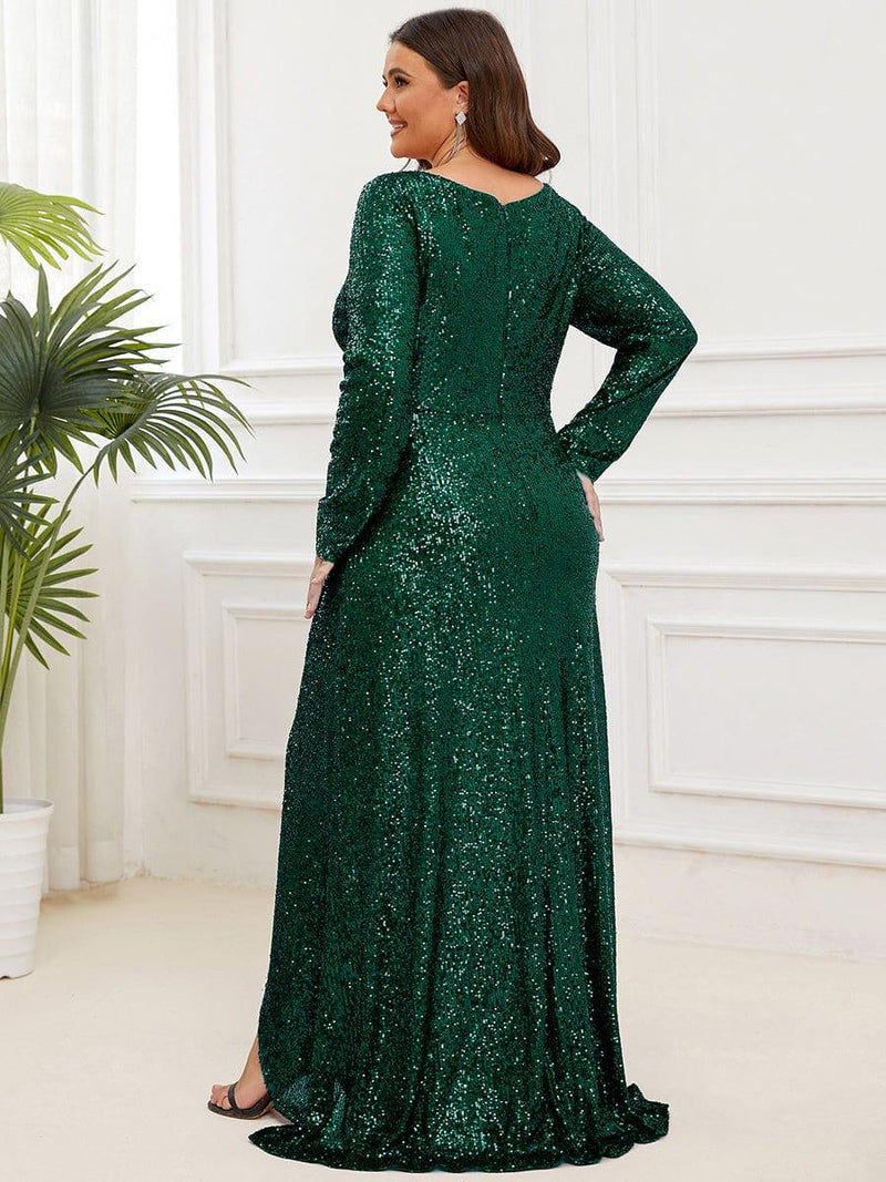 pretty SYREN|Plus Size Sequin V-Neck Long Sleeve High Slit Bodycon Evening Dress