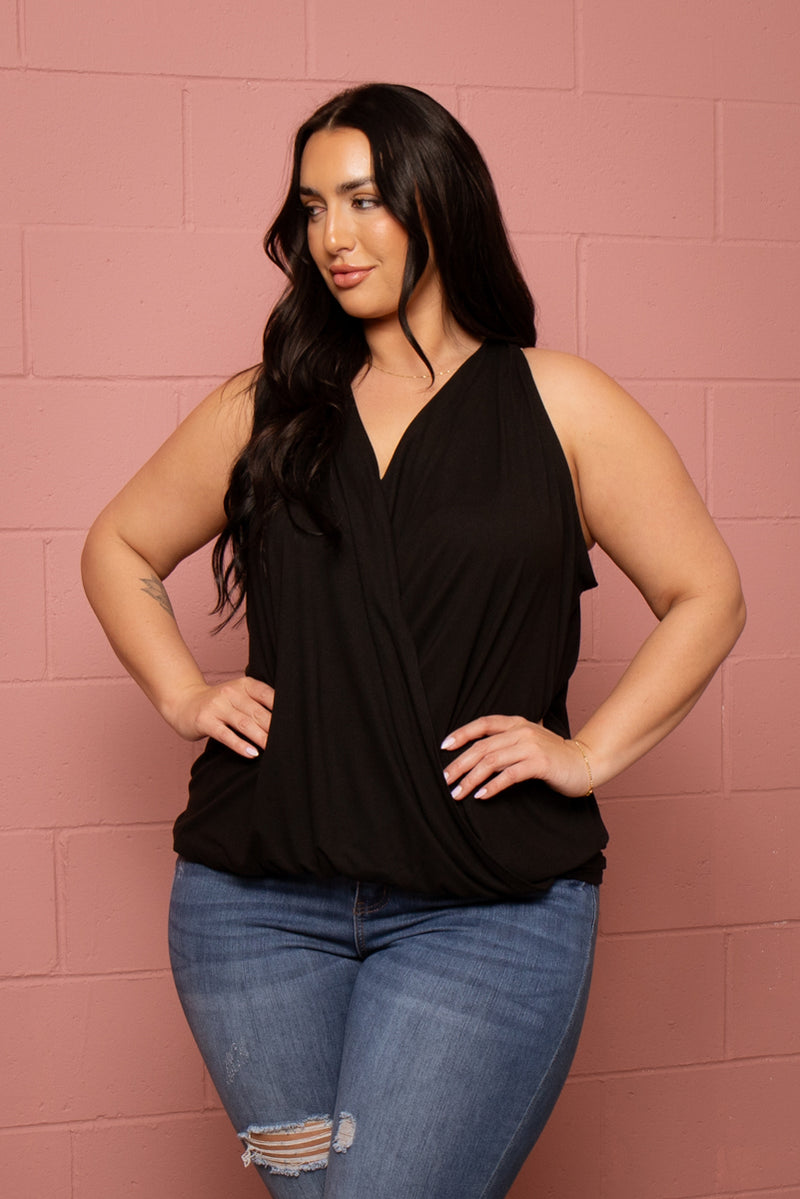Plus Size Surplice Halter Top - Black