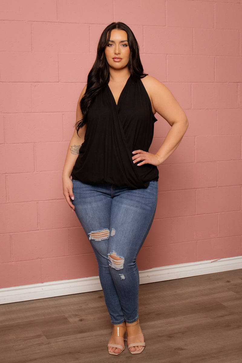 Plus Size Surplice Halter Top - Black