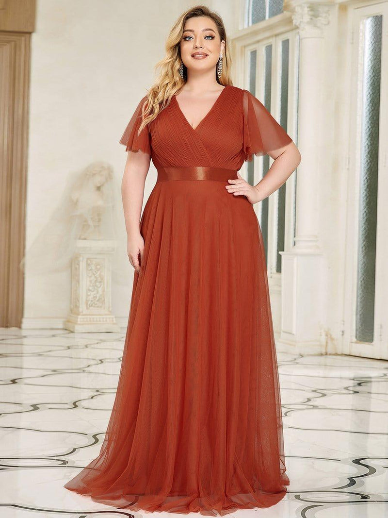 pretty MISTE|Plus Size Floor-Length Bridesmaid Dress with Short Sleeve
