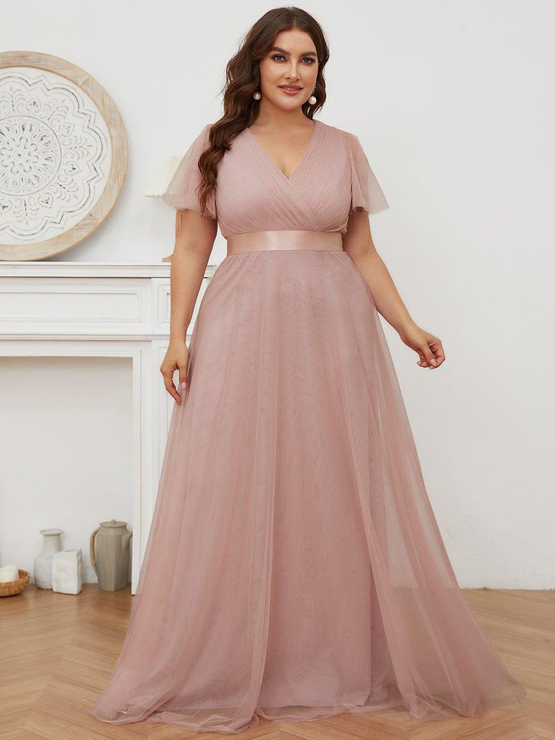 pretty MISTE|Plus Size Floor-Length Bridesmaid Dress with Short Sleeve